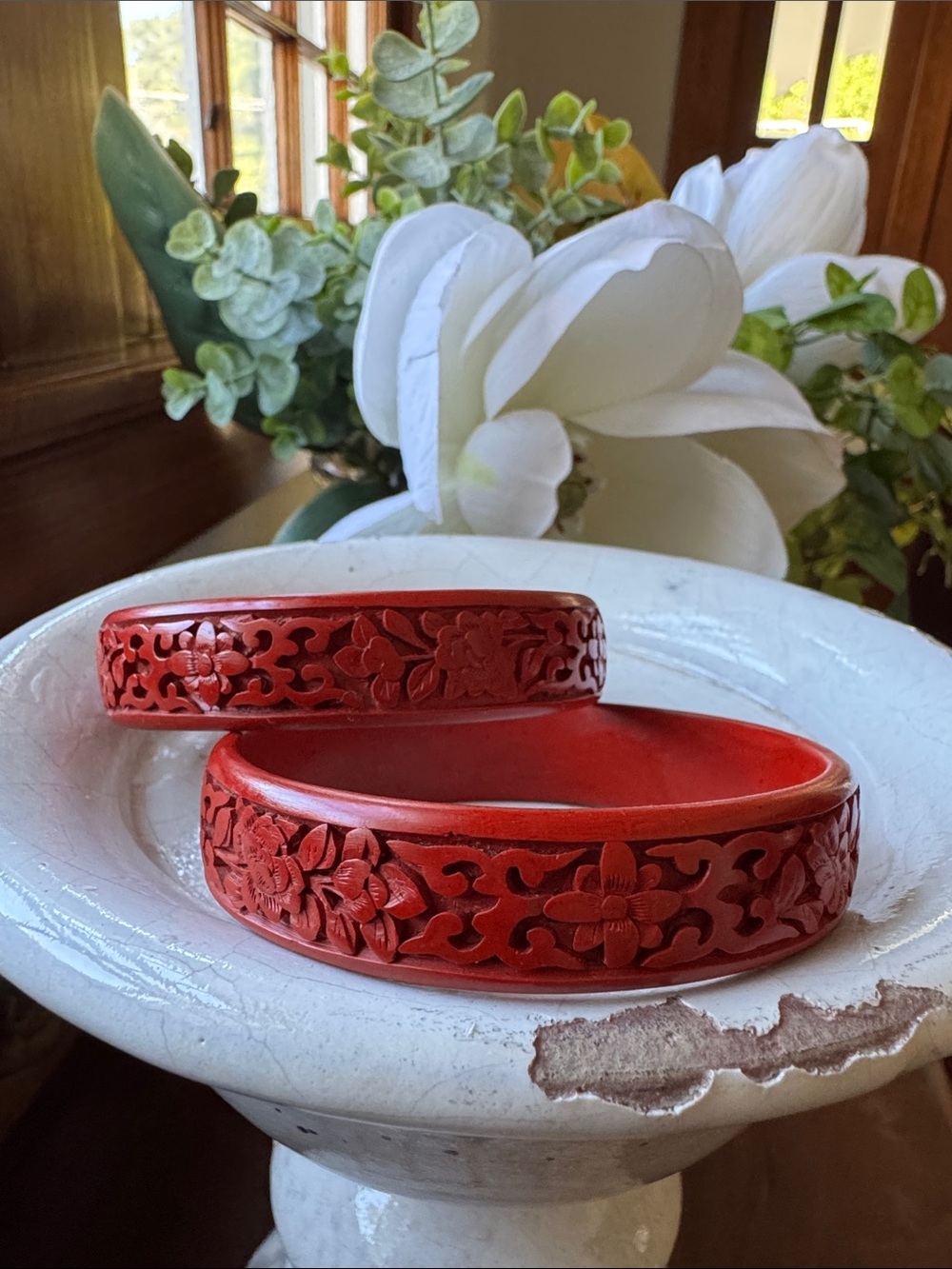 Vintage Chinese Carved Cinnabar Bangle Bracelet Set (2)